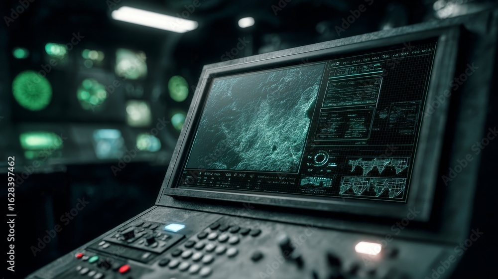 Poster high-tech military command center with green screen display in science fiction environment