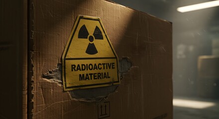 A close-up view of a damaged radioactive material warning sign affixed to a broken cardboard box in a dim industrial warehouse, highlighting potential risk.
