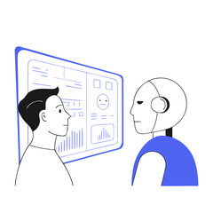 Man and Humanoid Robot Looking at Giant Transparent Display – Futuristic Technology and Data Visualisation Concept