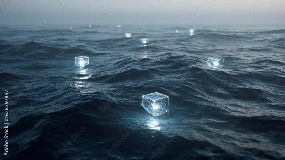 Poster minimal oceanic concept featuring futuristic floating interface boxes in calm water