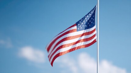 Fototapeta premium Waving flag showcases vibrant colors against clear blue sky, sym