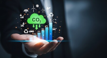 Person holding digital icons of renewable energy and C O2 reduction with growth charts environment