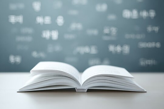 Open book on table, soft focus background with letters and symbo