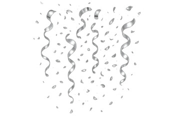 Sparkling silver confetti falling, ribbons swirling, generating celebratory mood against transparent backdrop