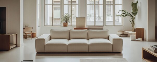 Fototapeta premium A spacious and bright living room with comfortable furniture