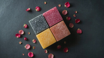 Four square artisanal soap bars arranged diagonally with scattered rose petals handmade