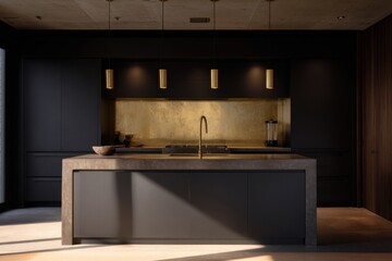 Modern kitchen design combining matte black and wood elements featuring stylish gold accents for a contemporary look