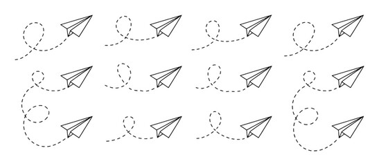 Paper airplanes flying with dotted flight paths vector