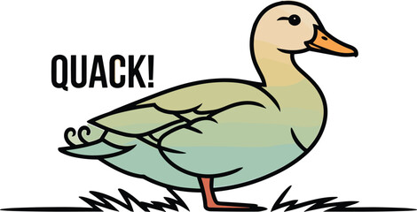 Obraz premium Cute cartoon illustration of a light green duck with an orange beak saying quack
