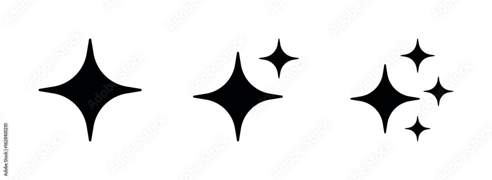 Poster black sparkle icon set with multiple star shapes, flat vector graphic symbols isolated on transparen