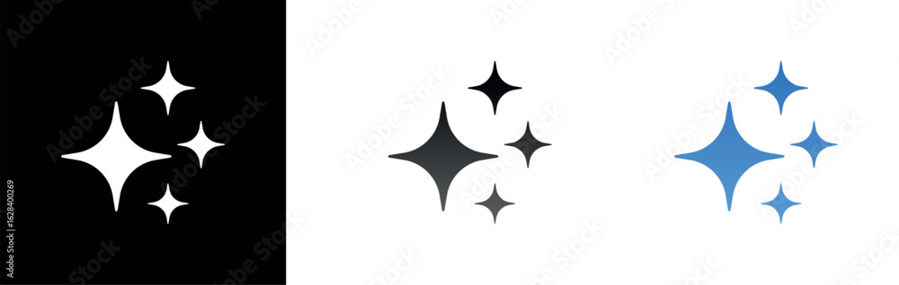 Poster sparkle vector icons set isolated on transparent background, decorative shiny twinkle stars in monoc