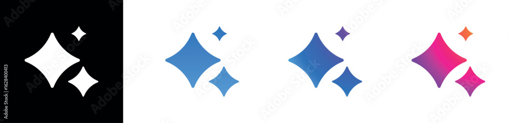 Poster glossy sparkle star icons vector set with transparent background in white blue purple red gradient s