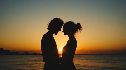 Fototapeta premium Silhouetted Couple Facing Each Other at Sunset Over Ocean