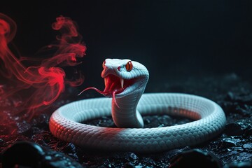 Fototapeta premium Unsettling Artistic Horror Image of a Pale Albino Serpent Emerging from Darkness with Red Mist and Haunting Expression