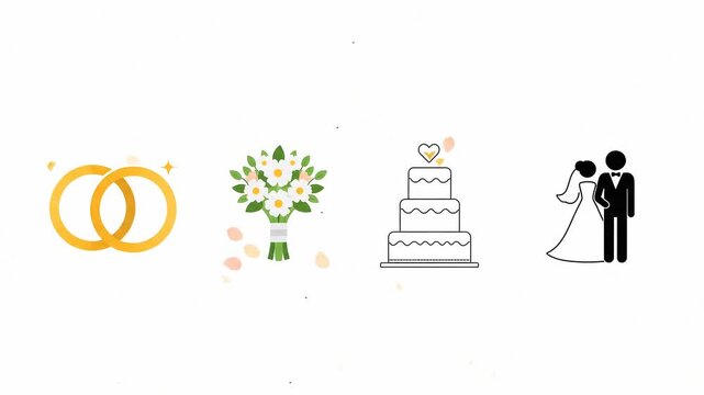 A set of wedding-themed icons, including golden rings, a bouquet of flowers, a tiered cake, and a couple, all on a clean white background.