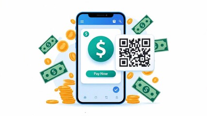 A smartphone displaying a digital payment interface with a dollar sign icon, QR code, and floating cash and coins, representing online transactions and financial technology. - Powered by Adobe