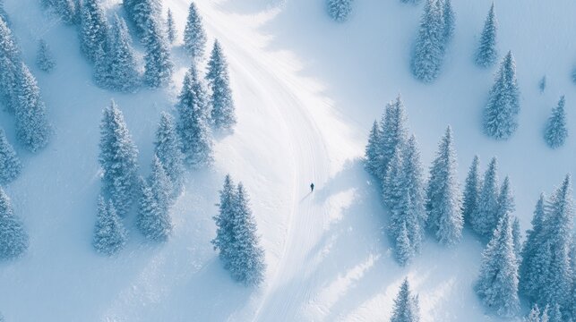 Snowy landscape features winding trails surrounded by tall, fros
