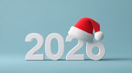 A cheerful design featuring the year 2026 with a festive Santa hat placed atop the numbers, perfect for celebrating Christmas and welcoming the New Year.