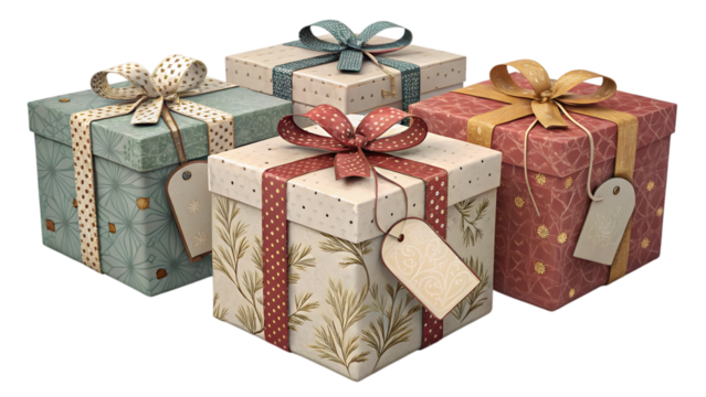 Group of decorative gift boxes with ribbons and tags isolated on transparent background