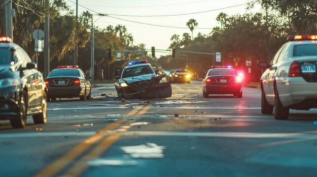 several police cars surrounding the damaged car after the accident.Several police cars surrounding the damaged car after the accident symbolize law enforcement, road emergencies, and road safety.