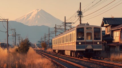 Train approaching Mount Fuji at sunset hour