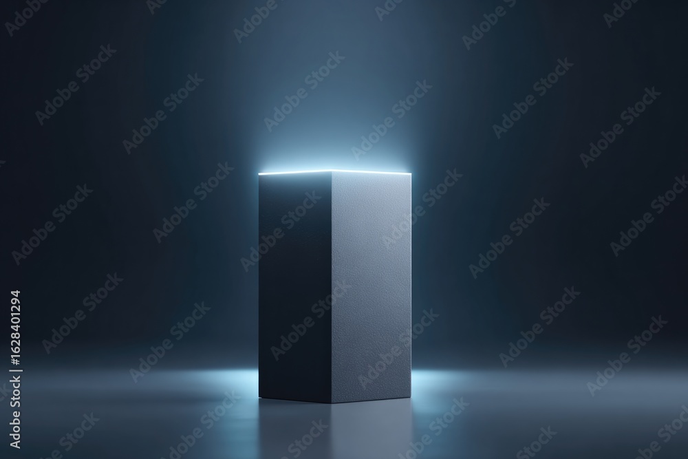 Poster illuminated block stands in darkness, radiating soft glow from i