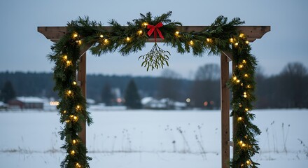 Christmas evergreen garland arch with lights and mistletoe in winter
