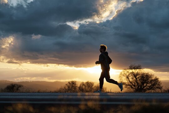 Silhouette of a runner at sunset. A man in athletic gear runs on a road, golden light illuminating the path. Dramatic clouds fill the sky
