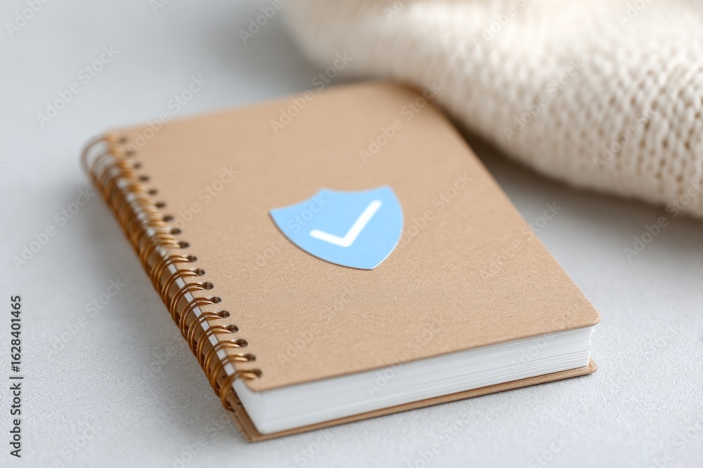 Poster crafted notebook with blue shield symbolizing security and trust