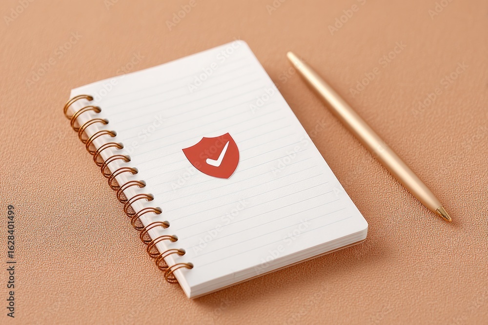 Poster notebook features shield icon, symbolizing security and trust. g