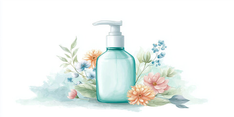 Baby lotion bottle with pump surrounded by flowers in soft colors  