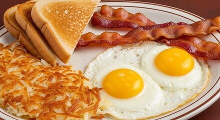 A plate of breakfast with eggs bacon toast and hash browns food