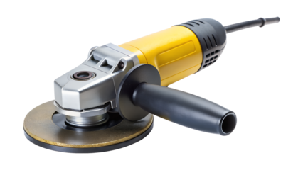 Yellow angle grinder isolated on transparent background, a power tool for cutting, grinding, and polishing metal in construction and industry
