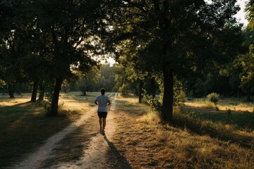 Fototapeta premium A runner in a park at sunset. Sunlight filters through trees lining a dirt path