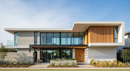 A modern, single-story house with clean lines, neutral tones, and large windows in daylight.