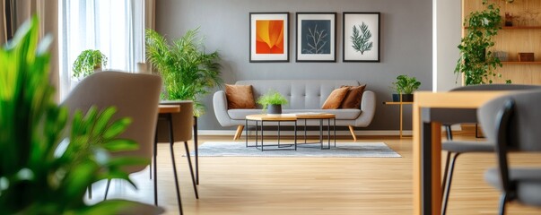 A modern living room decorated with plants and stylish furniture