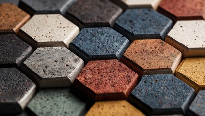 Fototapeta premium Close-up view of various colored hexagonal tiles, arranged in a grid pattern. Different shades of brown, beige, gray, and muted colors create a textured mosaic effect