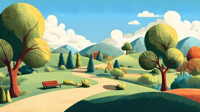Whimsical cartoon park landscape with rolling hills and trees