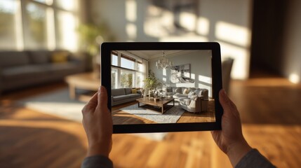 Person Holding Tablet Displaying Cozy Living Room Furniture Catalog in Bright, Modern Interior Setting