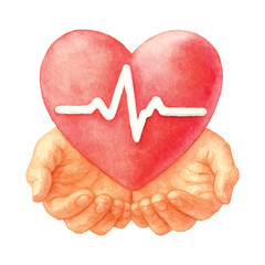 Watercolor series:Heart, heartbeat, and health care icons