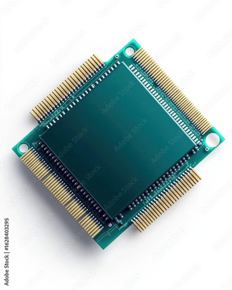 Poster a close-up view of a green microchip with gold pins, showcasing its intricate design for electronic 