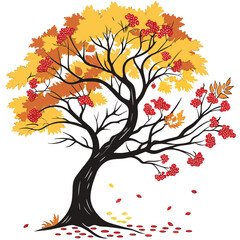 Fototapeta premium Autumn tree with red berries and yellow leaves orange leaves falling leaves