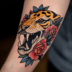 Colorful Tiger Skull Tattoo with Roses in Neo-Traditional Style on Arm