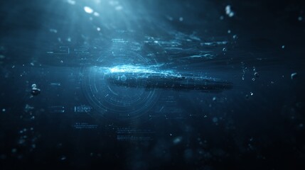 Futuristic Transparent Submarine Floating in Deep Sea with UI Elements and Atmospheric Lighting Effects