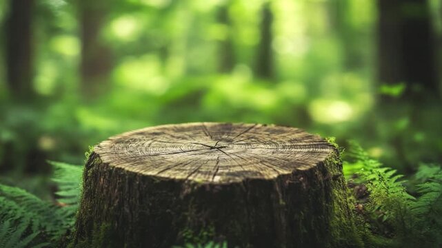 Tranquil Forest Scene Featuring Moss-Covered Tree Stump Surrounded by Ferns in Soft Natural Lighting 4k video footage