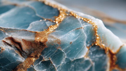 Closeup vibrant blue marble texture with golden veins