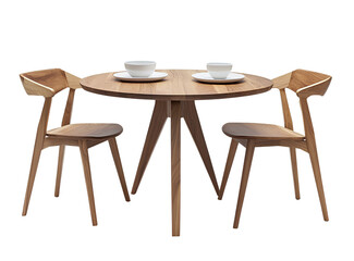  A round dining table with two chairs, made of solid wood and having an attractive design on the legs. The background is white