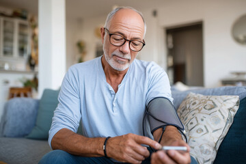 senior man checking blood pressure using smart arm cuff connected to smartphone, modern living room,