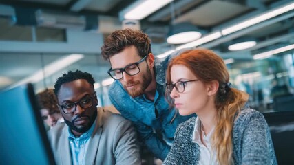 A diverse group of professionals wearing glasses collaborates intently around a computer screen in an office focusing on data or code suggesting a tech team - Powered by Adobe