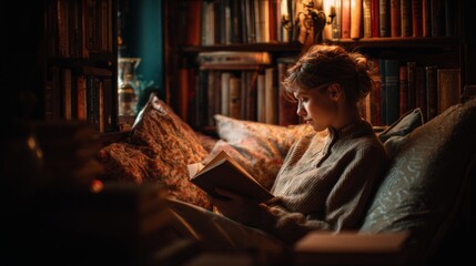 Cozy Woman Reading Novels in a Nook Surrounded by Shelves of Books and Warm Lighting